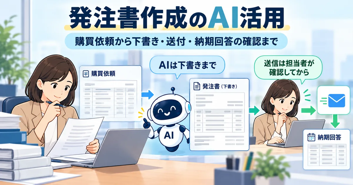 社内の購買依頼から発注書の下書きを作り、仕入先の納期回答を照合するまでの流れ