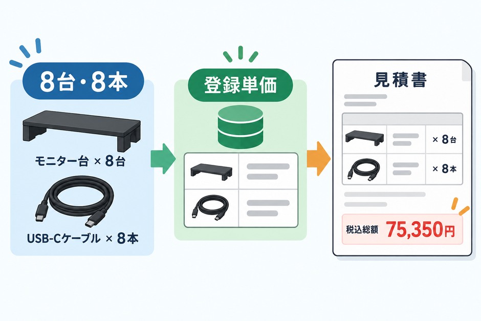 依頼メールの8台と8本を登録商品の明細へ対応させ、税込合計75350円の見積へまとめる設計例