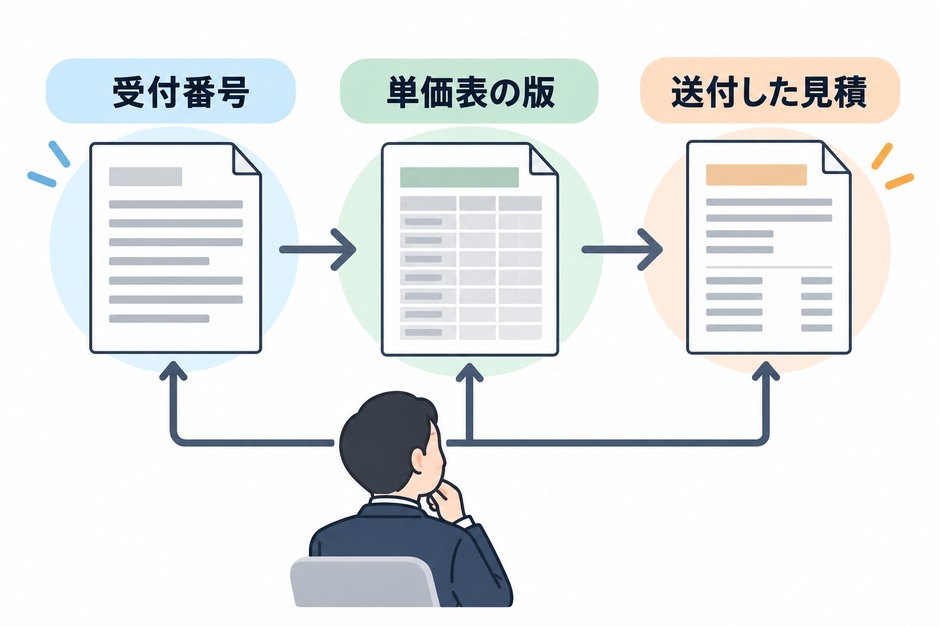 受付番号と見積番号で元メール、商品対応、単価表の版、送付した帳票を結び付ける記録の流れ