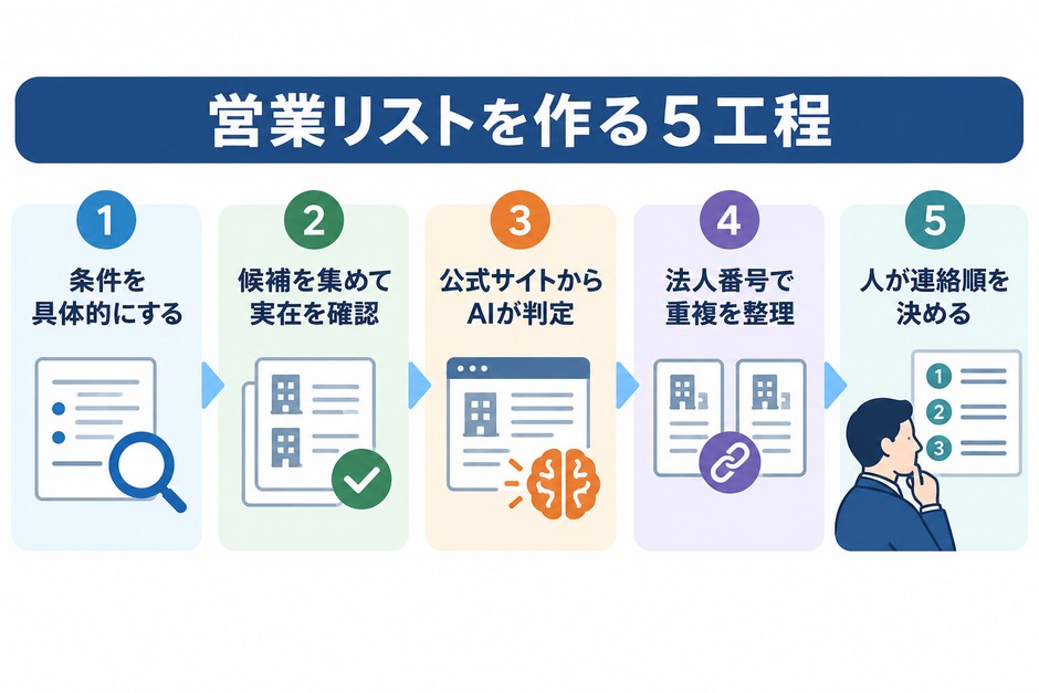 条件の言語化、公的データでの収集、公式サイトの判定、法人番号での重複整理、優先順位の決定という営業リスト作成の5工程