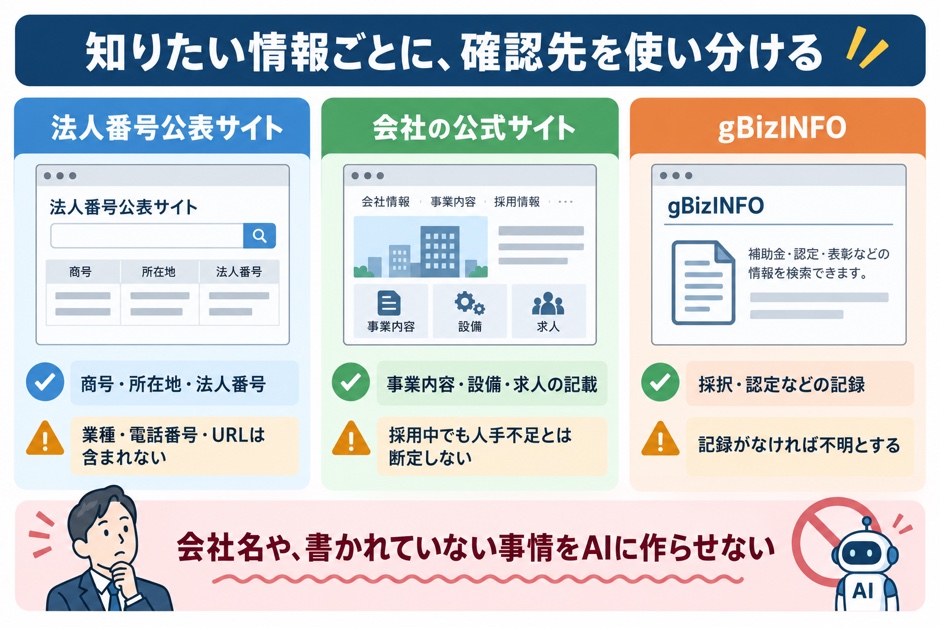 法人番号公表サイト、会社の公式サイト、gBizINFOで確認できる内容と、それだけでは判断できないことを比較しています。
