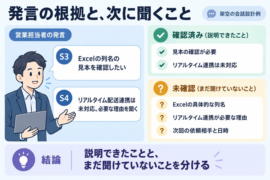 会話の発言IDを評価項目の根拠と結び付け、未確認のことと次の練習を分ける図