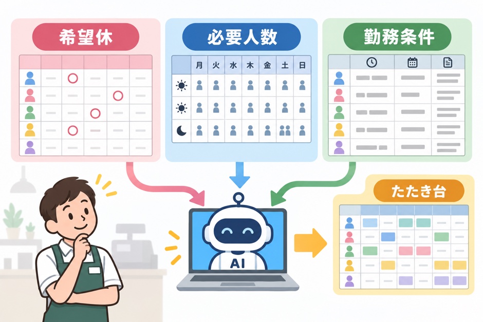 希望休と必要人数、働ける条件を入力してシフト案を作る流れ
