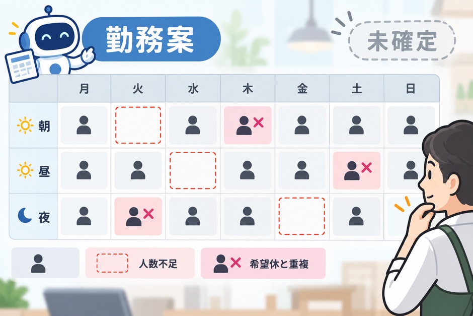 勤務案の中で未充足と希望休の重複を分けて表示する図