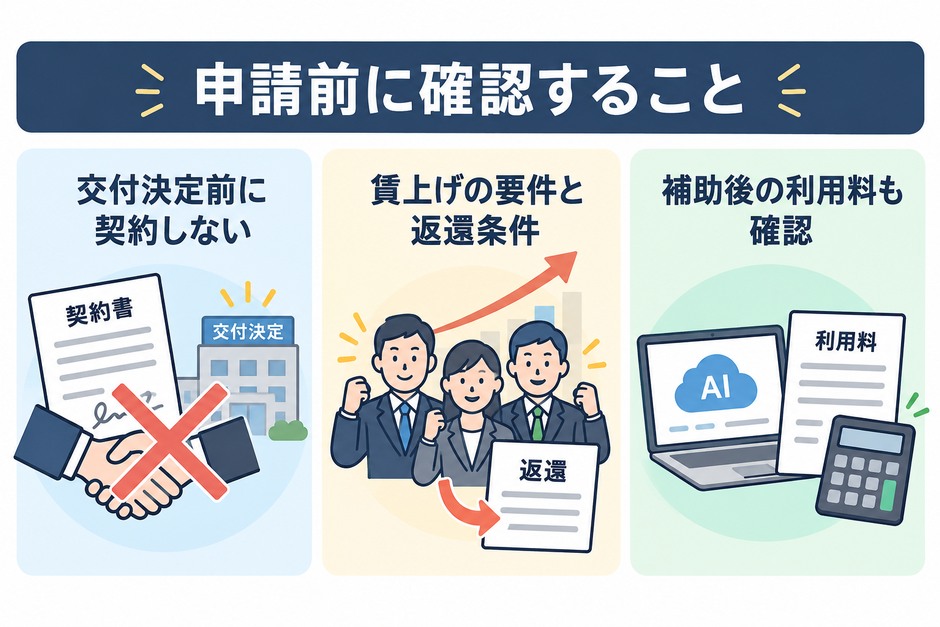 交付決定前には契約しないこと、賃上げの要件と返還条件、補助後の利用料の3つを申請前に確認する図