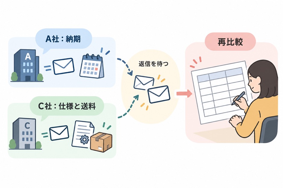 A社へ必要納期、C社へ代替品仕様と送料を確認し、回答を比較表へ戻す流れ