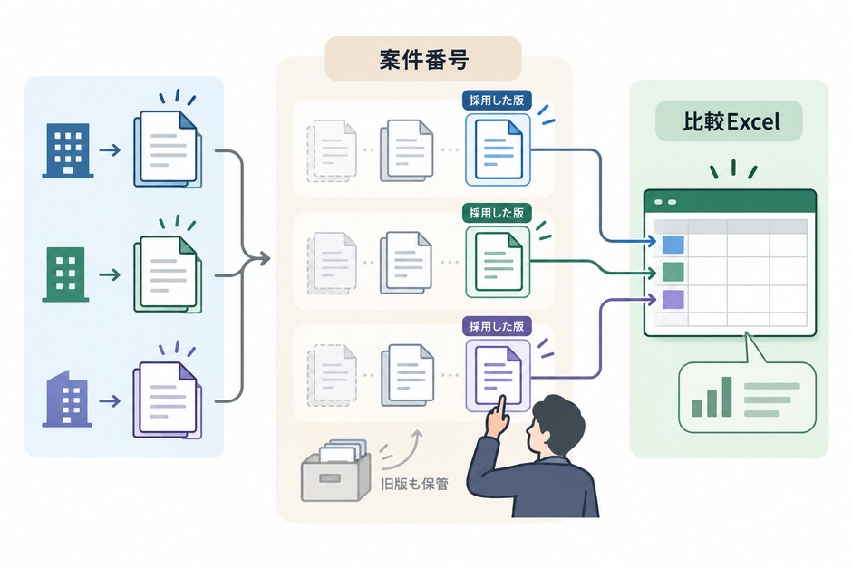 購入案件番号に原本、採用した見積版、条件の回答、比較Excelを結び付ける方法