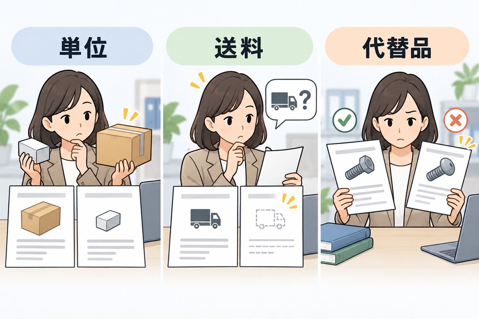 箱単位、送料不明、代替品の見積で比較表の誤りを試し、原本と正解表へ照合する方法