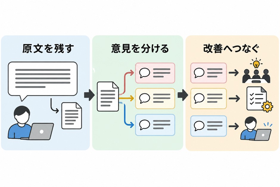 自由回答に番号を付け、複数の意見を分類し、原文で確認して改善会議へ渡す流れ