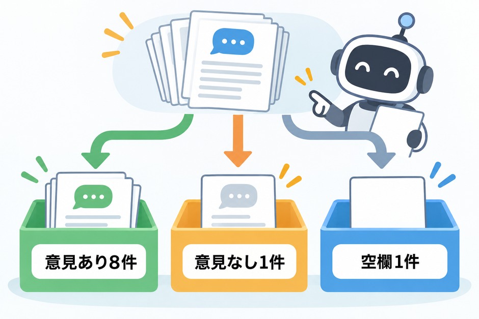 10件の回答を原文のまま保存し、具体意見8件、意見なし1件、空欄1件を区別する例