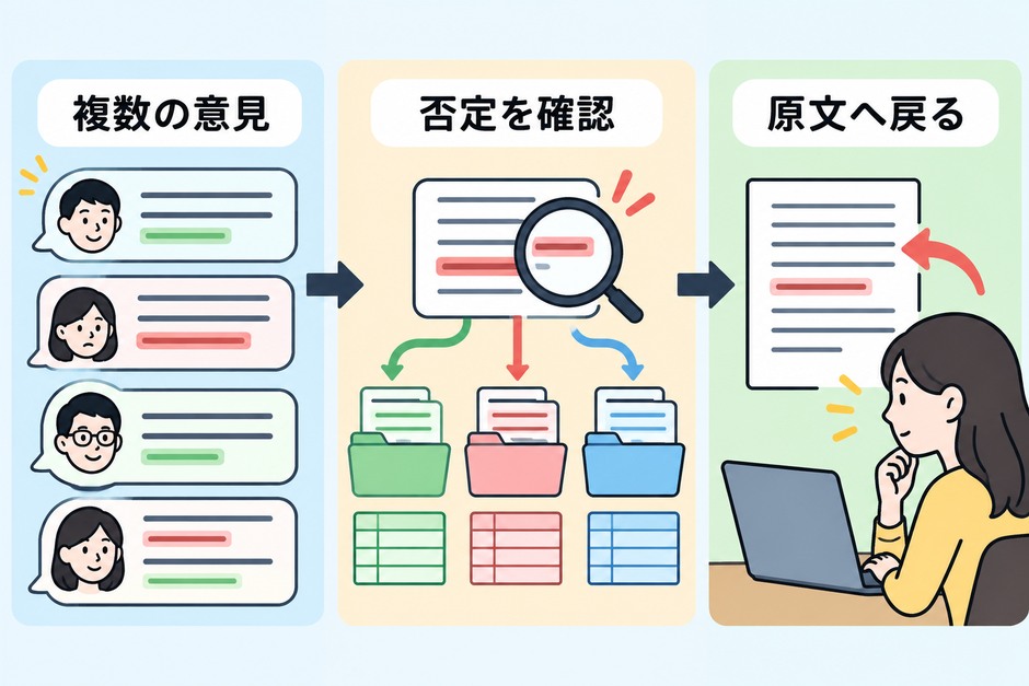 一つの回答に複数の意見がある場合、テーマごとに肯定と否定を分ける仕組み