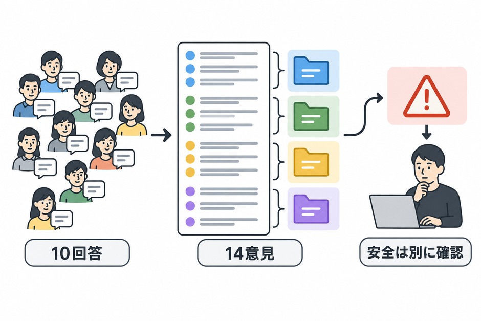 頻出テーマと少数の安全指摘を分けて報告し、回答番号から原文へ戻れる構成