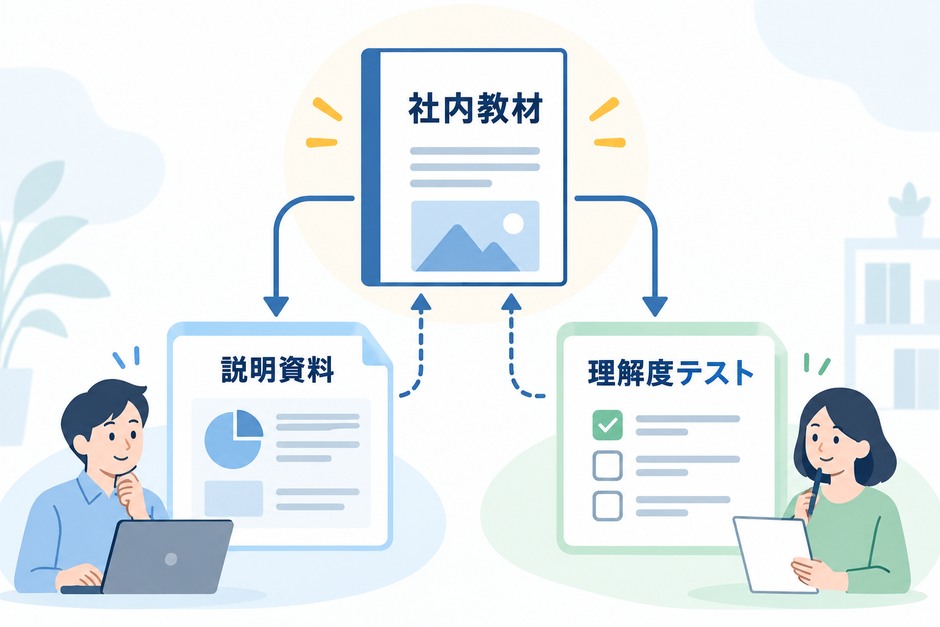 正式な教材から研修用の説明と理解度テストを作り、両方を同じ根拠へつなぐ設計例