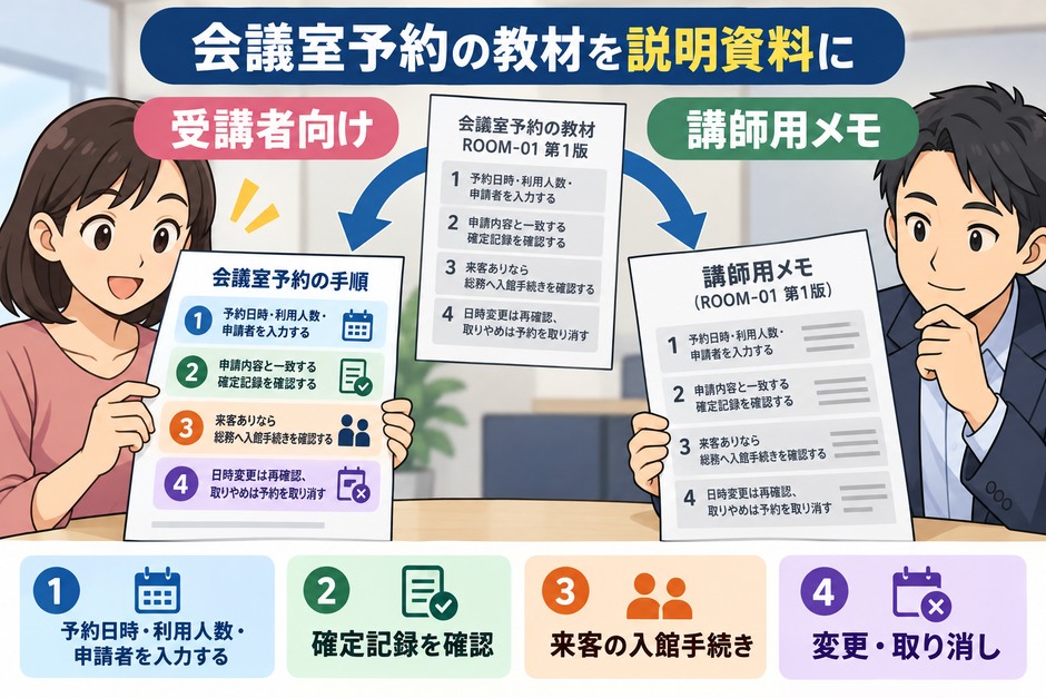会議室の予約と来客の入館手続きを分けて説明し、受講者向け資料と講師用メモを教材第3項へ対応させた例