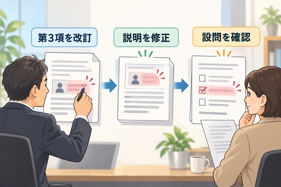 教材第3項の改訂から説明資料の修正、設問の確認へ進む順序を示した図