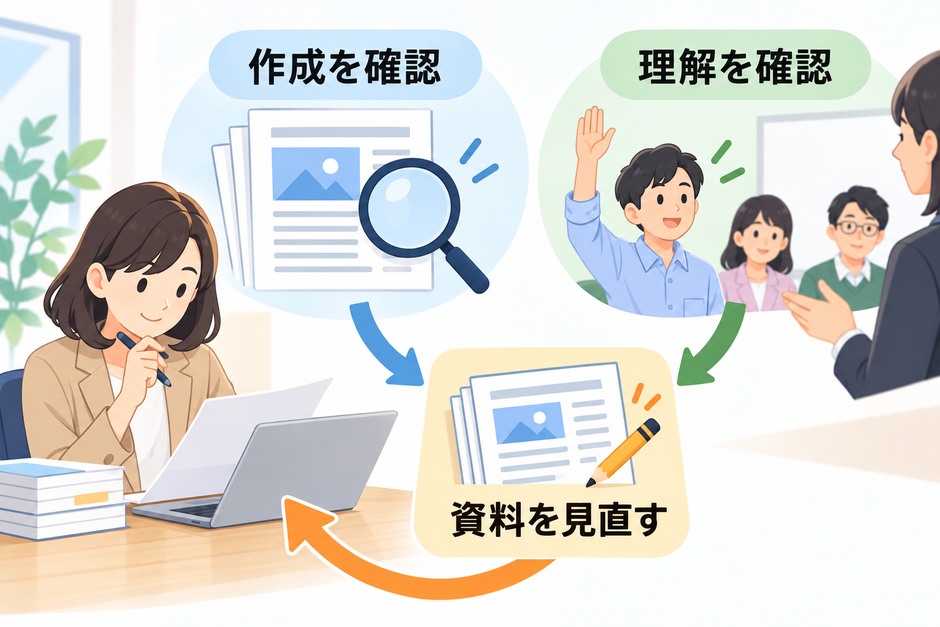 研修資料の試行で下書き時間、確認修正時間、受講者が迷った箇所を別々に記録する設計例