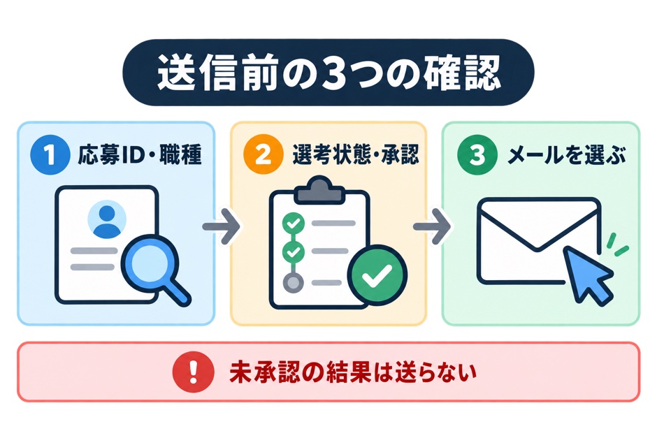 応募を識別する情報と職種、選考状態と承認を確認してから送るメールを選ぶ流れ