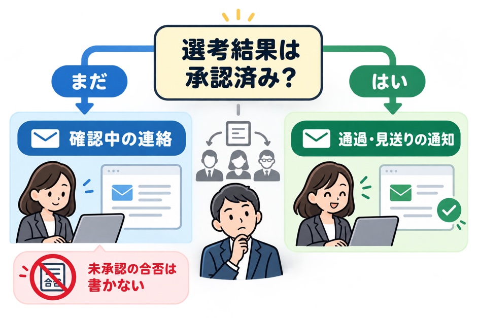 選考結果が未承認なら確認中の連絡を送り、承認後に通過または見送りを通知する分岐