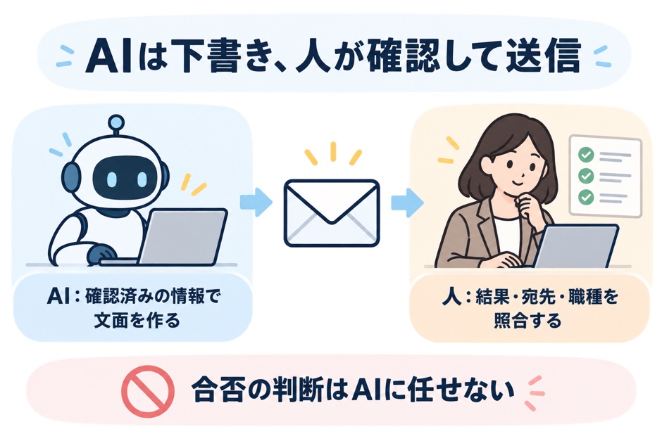AIが確認済み情報から文章を下書きし、人が選考結果と宛先を照合して送信する役割分担