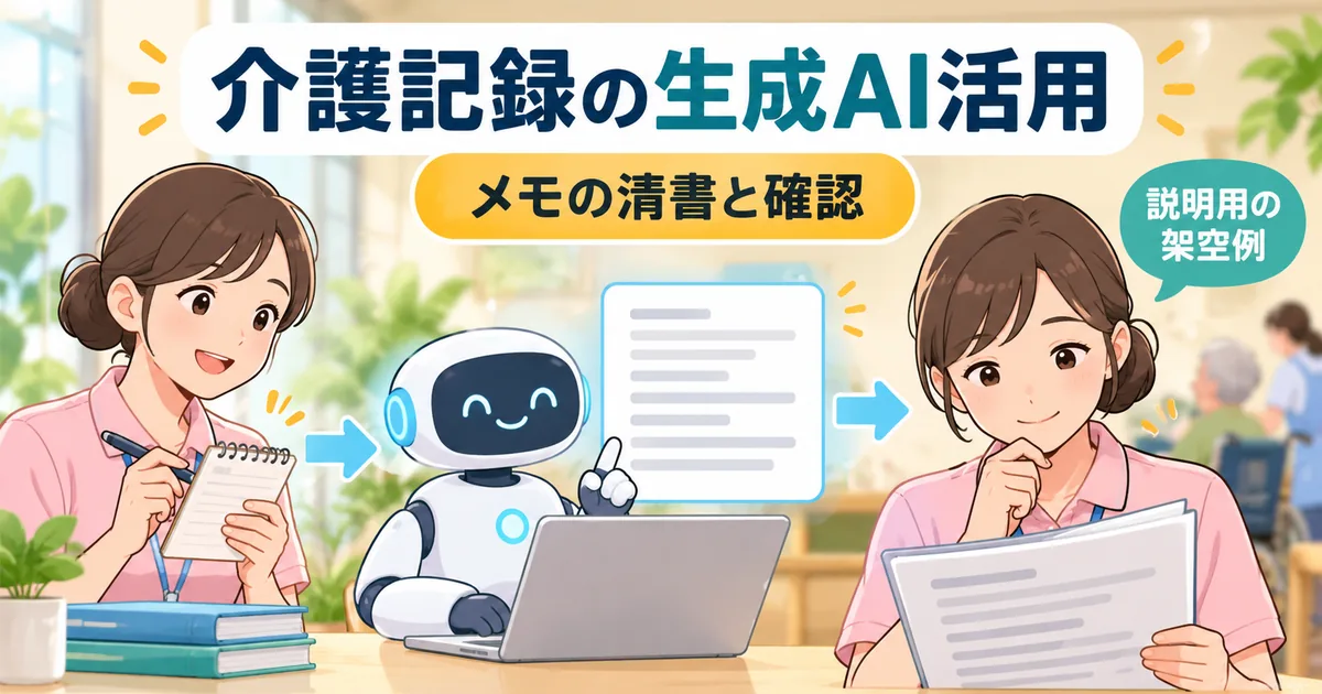現場のメモを生成AIが介護記録の文章に整え、職員が確認して確定する流れ