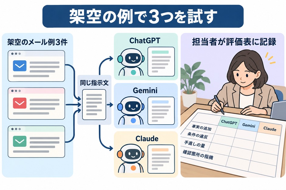 架空のメール例と同じ指示文を3つのAIに渡し、事実の追加・条件・手直しの量を評価表に記録する流れを示しています。