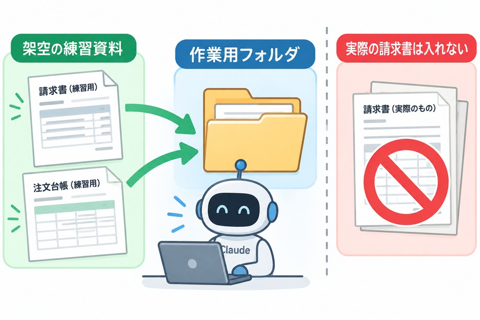 架空の請求書と注文台帳だけを作業用フォルダに入れ、実際の請求書は入れない図