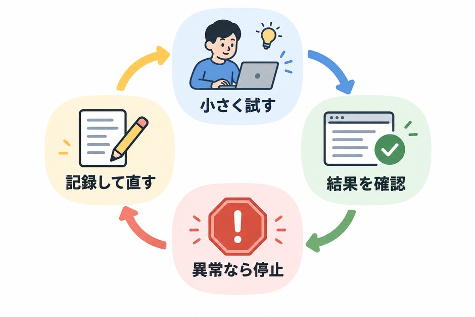小さな業務で試し、結果を確認し、異常時に止め、記録を見て手順を直す循環
