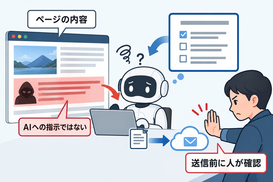 Webページに紛れた指示をAIへの依頼と区別し、外部送信前に人が止める図