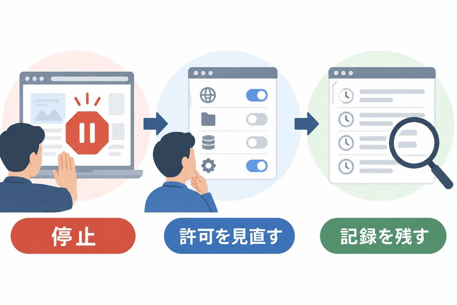 予期しない操作を止め、サイトの許可を見直し、結果の記録を残す手順の図