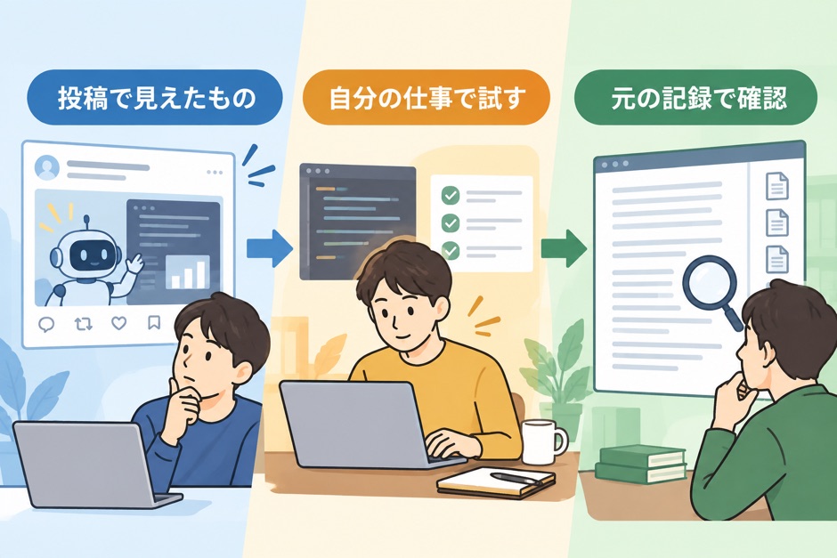 SNS投稿を見た後、自分の仕事で試し、元の記録で結果を確認する3段階