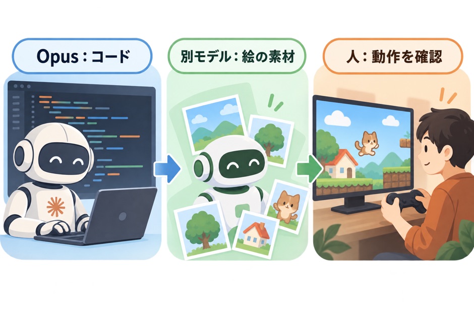 コードを作るOpus、絵の素材を作る別モデル、動作を確認する人の役割分担