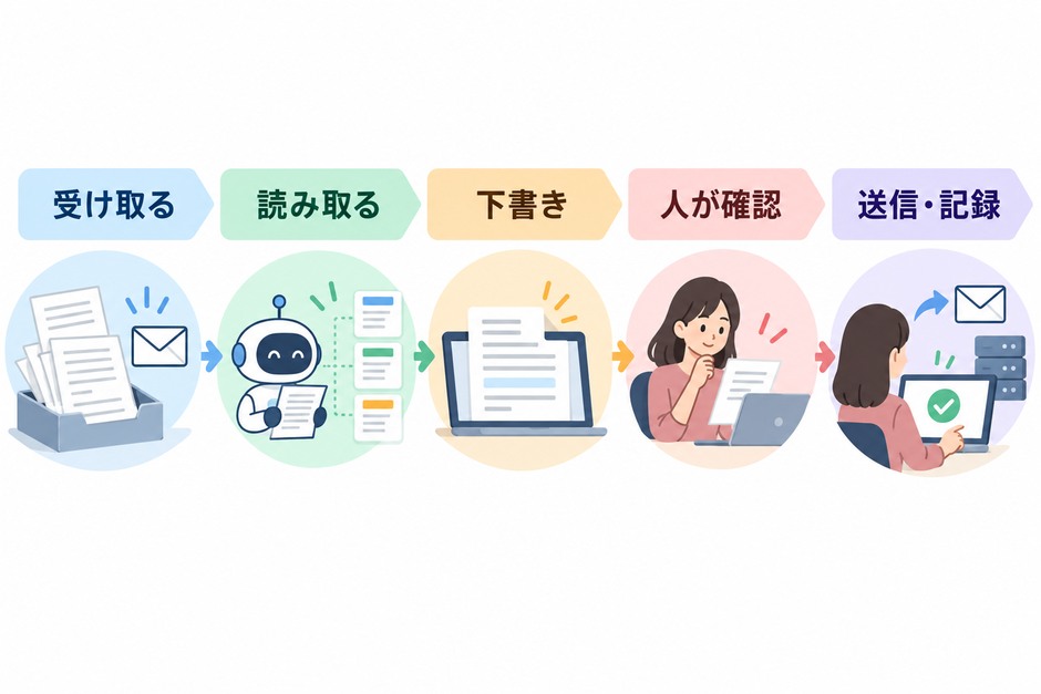 FAXなどを受け取り、AIが読み取りと下書きを行い、人が確認してから送信と記録へ進む業務の流れを示しています。