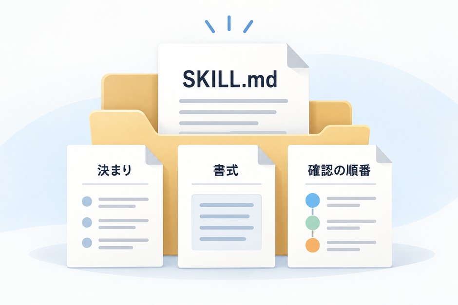 SKILL.mdを中心に、会社の決まり、出力の書式、確認の順番を一つのフォルダへまとめる様子を示しています。