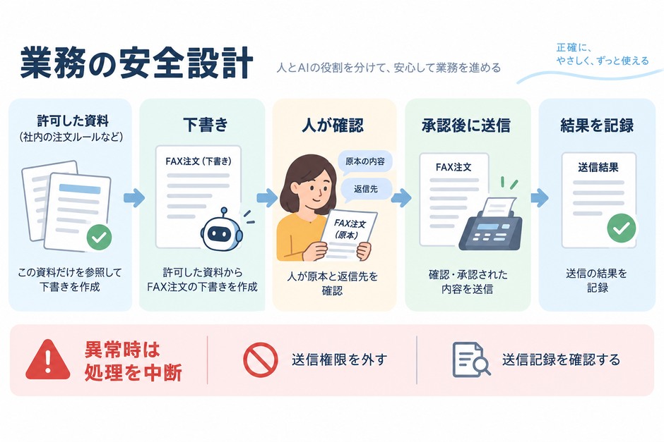 架空の業務設計例。下書き、人の確認、承認後の送信、結果の記録を示し、異常時は処理中断、送信権限の停止、記録確認を行うと記しています。