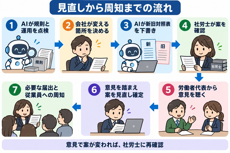 就業規則の点検と下書きから専門家の確認、意見聴取、必要な届出と周知へ進め、意見に応じて案を見直す流れを示しています。