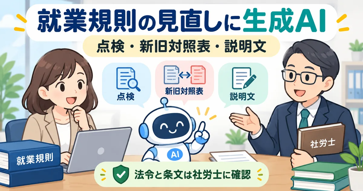 生成AIが就業規則を点検し、新旧対照表と従業員への説明文を下書きして、社労士が確認する流れを示しています。