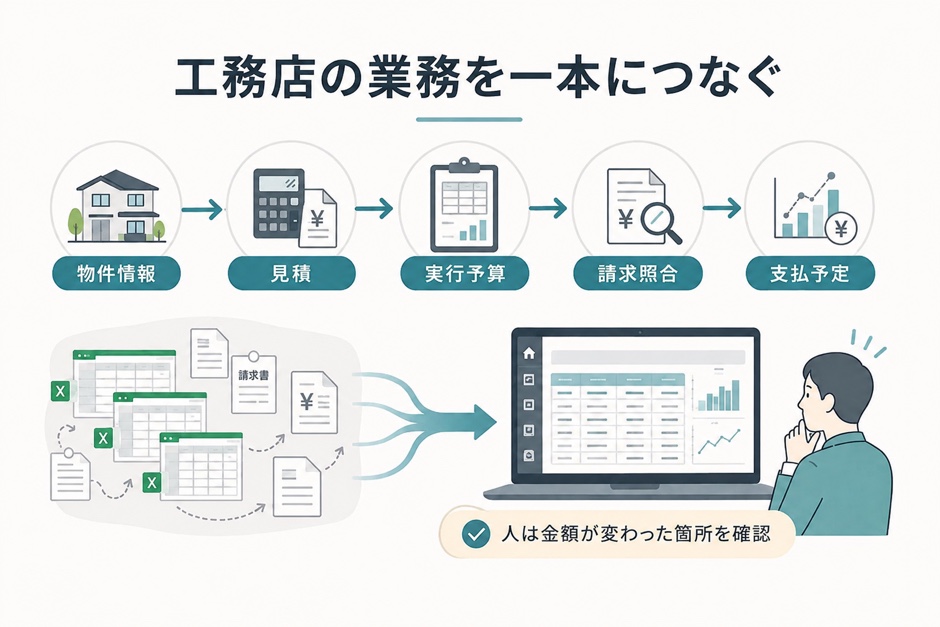 物件情報から見積、実行予算、請求照合、支払予定までをつなぐ流れ