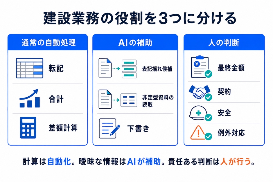 建設業務を通常の自動処理、AIの補助、人の判断に分けた図