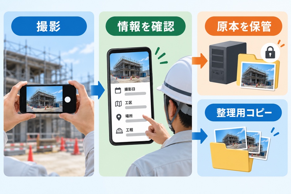 撮影情報を確認し、撮影端末の原本を保管して整理用コピーを使う流れ