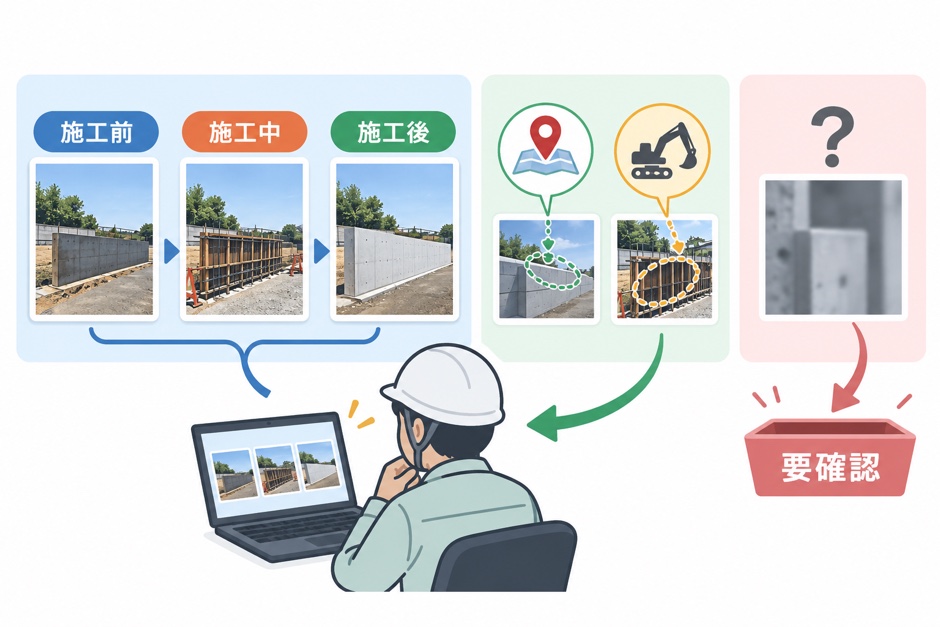 施工前・施工中・施工後の写真を分け、分からない写真を要確認に残す流れ