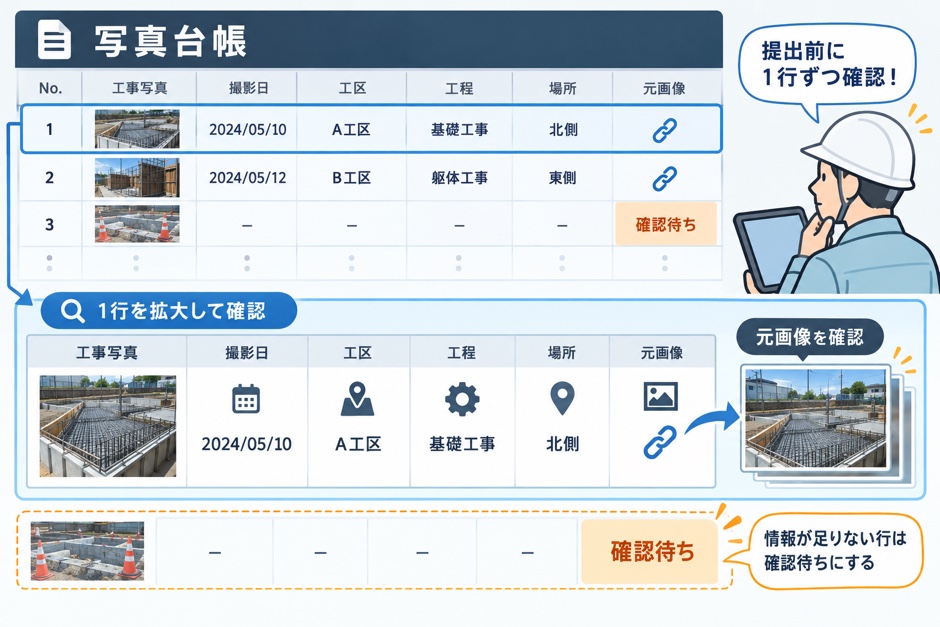 工事写真の管理表に撮影日、工区、場所、工程、確認待ちを分けて記録する例