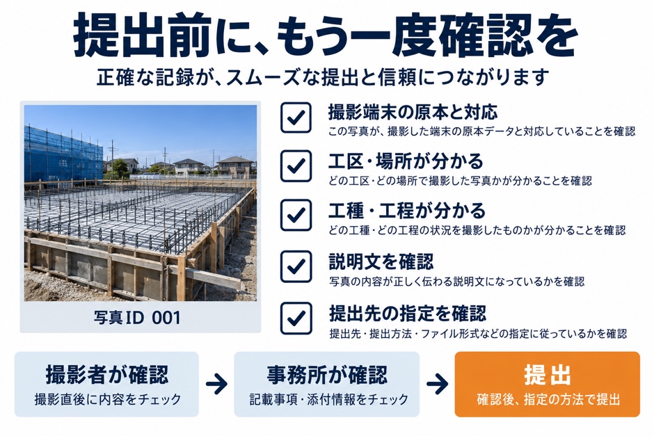 提出前に写真ID、原本との対応、説明文、確認者、提出先の指定を一枚ずつ照合する手順
