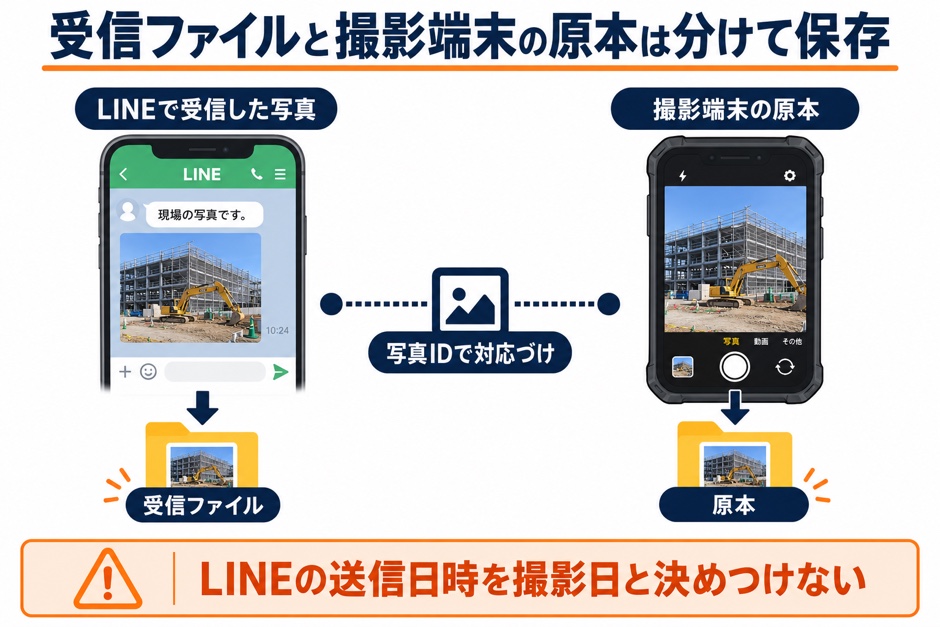 撮影端末の原本とLINE受信ファイルを別に保管し、撮影日時や場所を撮影者の記録で確認する対比図
