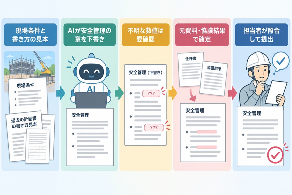 現場条件から安全管理の章を下書きし、不明な数値を要確認として残し、元資料と協議結果で確定して担当者が照合する流れ