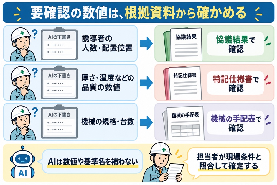 誘導者の人数や配置位置、品質の数値、機械の規格・台数を、協議結果・特記仕様書・手配表で確認する対応を示しています。