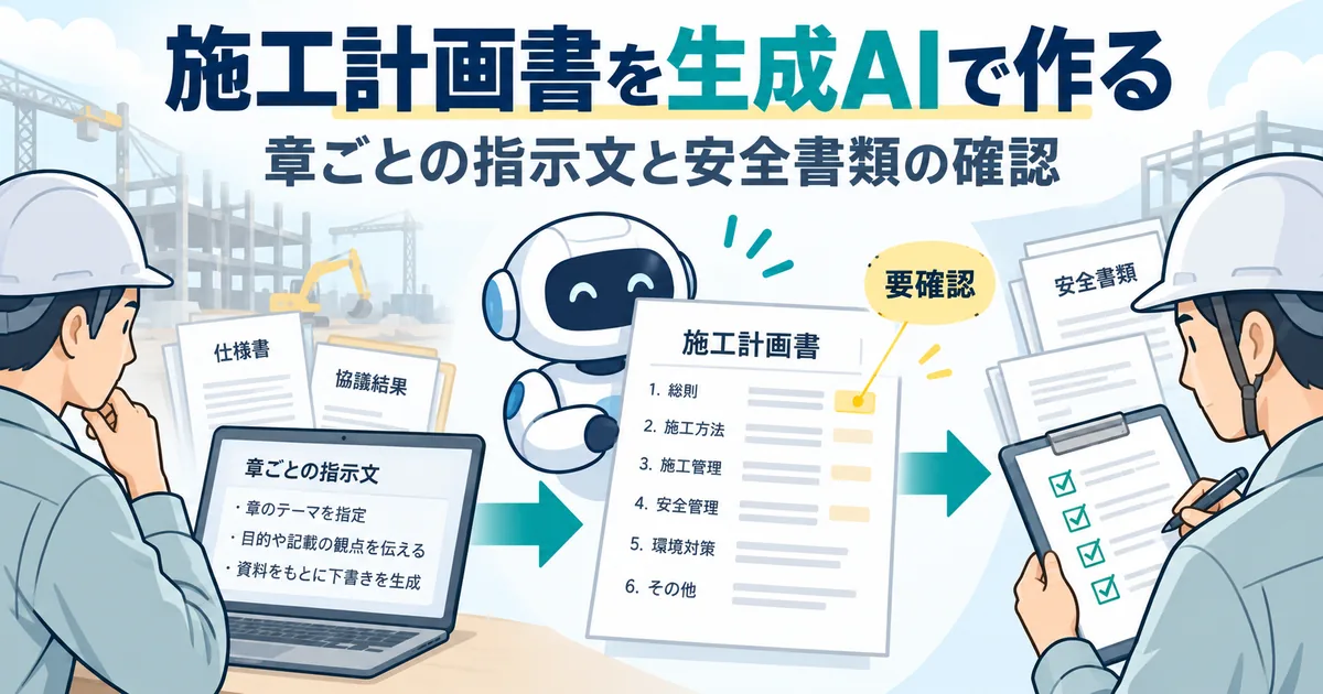 施工計画書の文章の章を生成AIで下書きし、数値と安全書類は担当者が元資料と照合する流れ