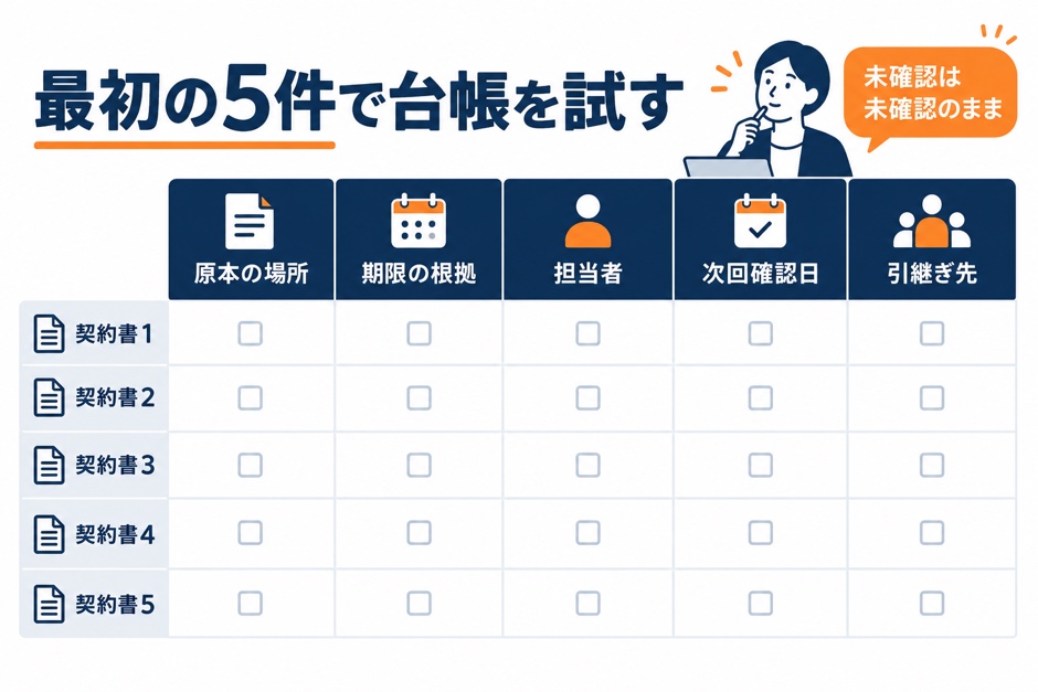 架空の契約5件で、原本の場所、通知期限の根拠、担当者への引継ぎを確認するチェック表