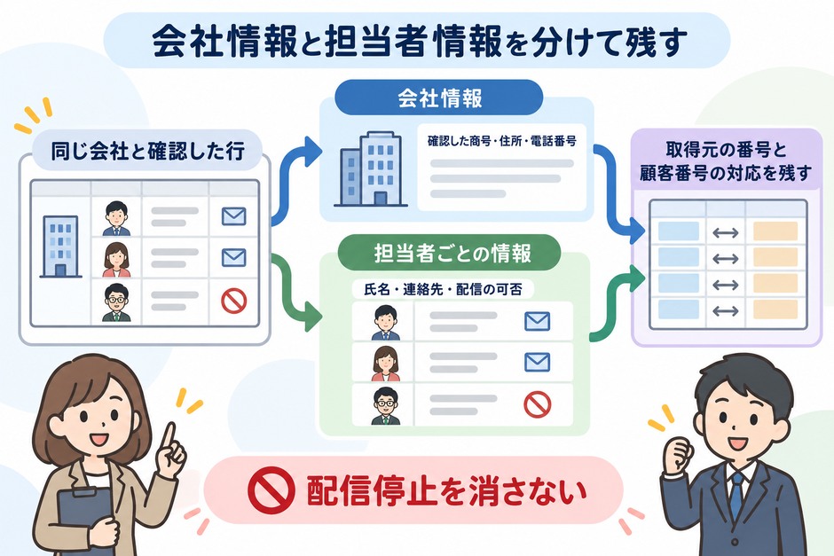 同じ会社と確認した行から会社情報と担当者別の情報を分け、配信停止を消さず、取得元との対応を残す整理を示しています。