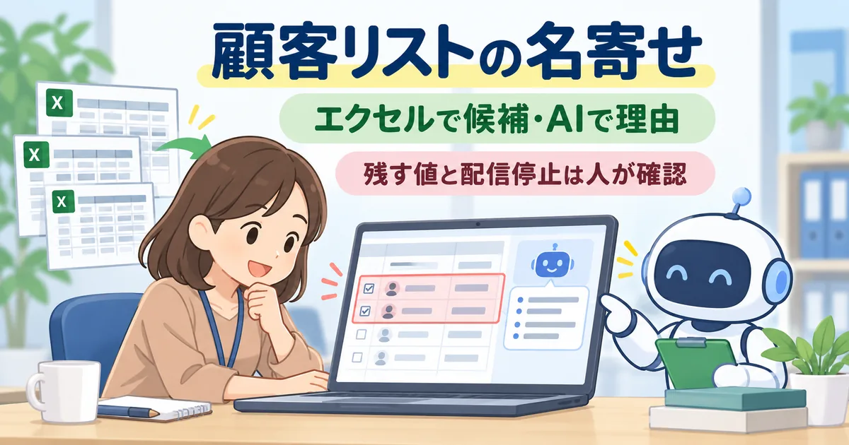 エクセルで名寄せの候補を出し、AIが理由を整理して、残す値と配信停止を人が確認する顧客リスト整理のイメージ