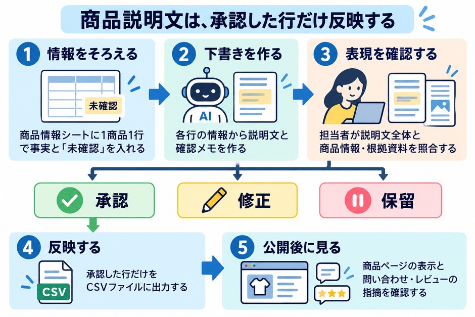 担当者が商品説明文全体と根拠を確認し、承認した行だけをCSVで反映します。修正や保留の行は公開しません。